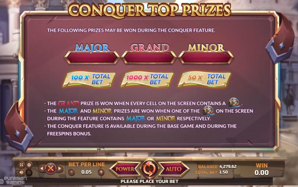 รางวัลสูงสุดของ Conquer Feature เกมสล็อต Anceint Rome ค่าย Joker Gaming